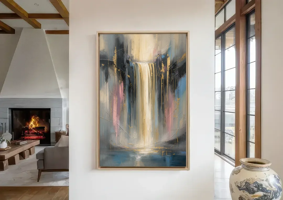 Textured Abstract Painting of a Gilded Waterfall canvas wall art in a living room with a fireplace
