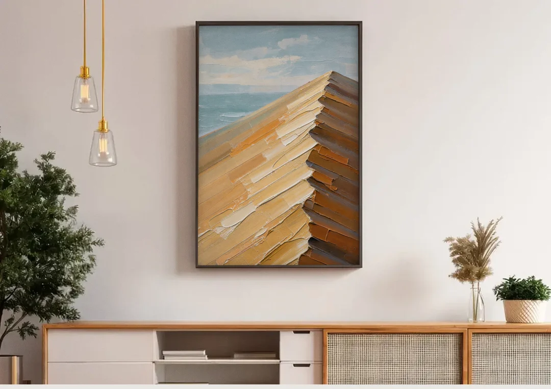 Textured Beige Abstract Dune Crest canvas wall art above a wooden sideboard under pendant lights