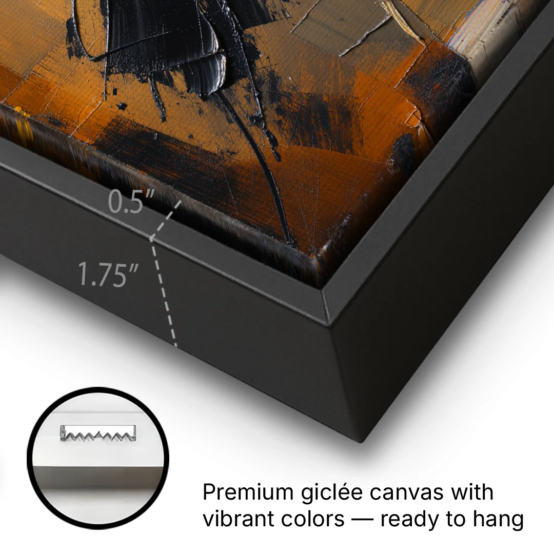 Textured Black Knife Sweep Over Ochre - Black Framed Canvas Wall Art - Gallery Wrap Corner
