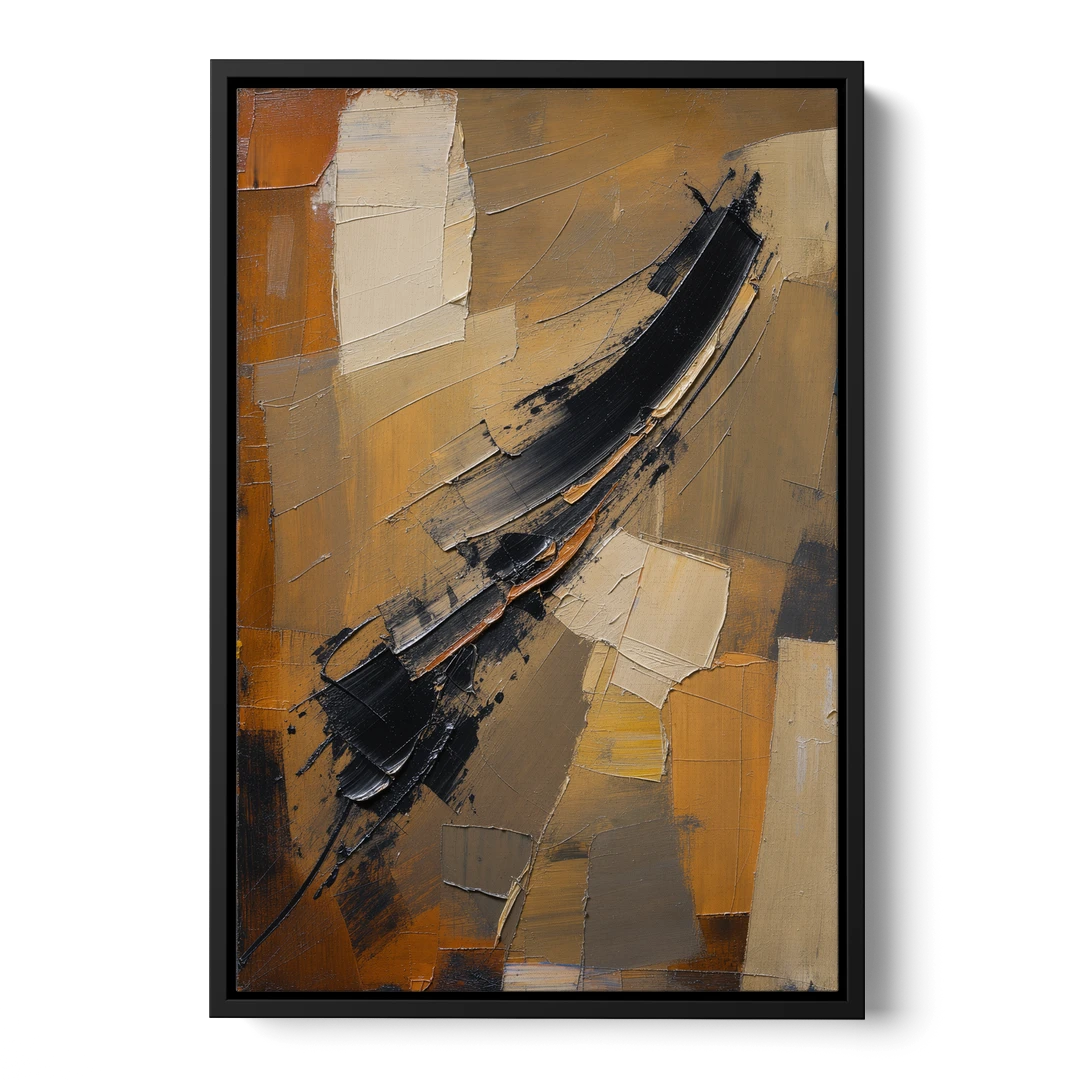 Textured Black Knife Sweep Over Ochre - Black Framed Canvas Wall Art - Front