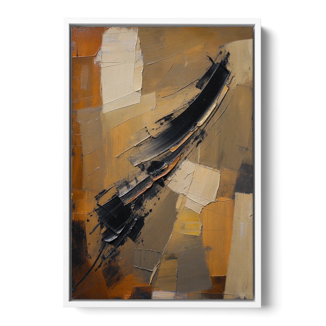 Textured Black Knife Sweep Over Ochre - White Framed Canvas Wall Art - Front