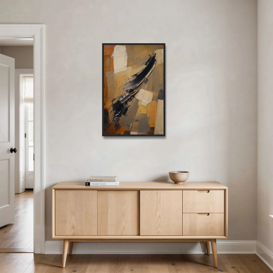 Textured Black Knife Sweep Over Ochre - Black Framed Canvas Wall Art - Coffee Table - 24x36