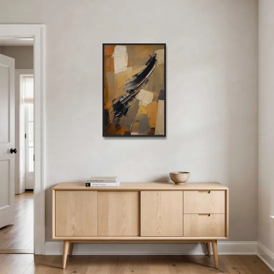 Textured Black Knife Sweep Over Ochre - Black Framed Canvas Wall Art - Coffee Table - 24x36