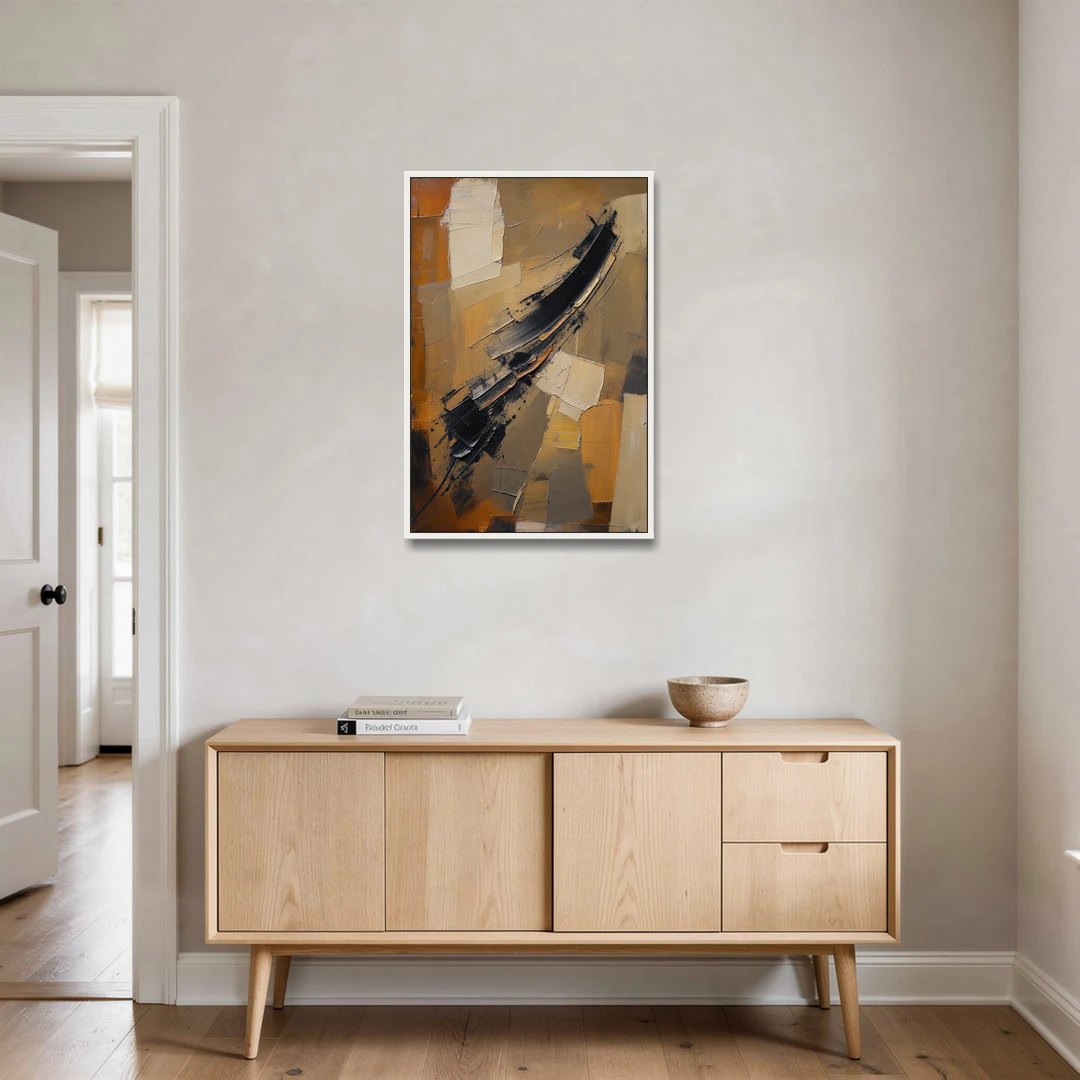 Textured Black Knife Sweep Over Ochre - White Framed Canvas Wall Art - Coffee Table - 24x36