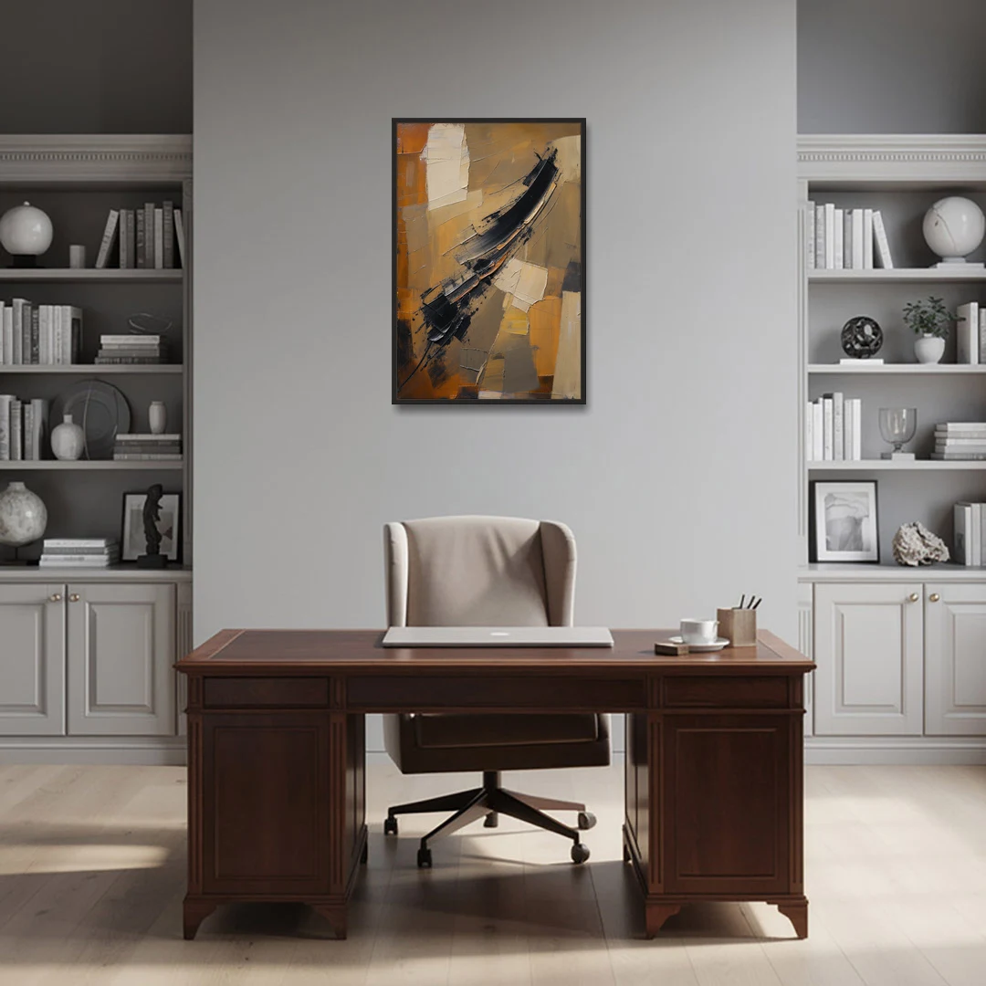 Textured Black Knife Sweep Over Ochre - Black Framed Canvas Wall Art - Office - 24x36