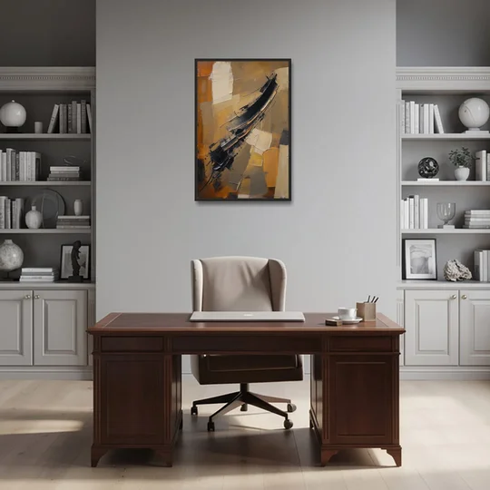 Textured Black Knife Sweep Over Ochre - Black Framed Canvas Wall Art - Office - 24x36
