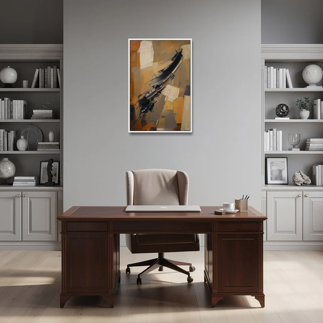 Textured Black Knife Sweep Over Ochre - White Framed Canvas Wall Art - Office - 24x36