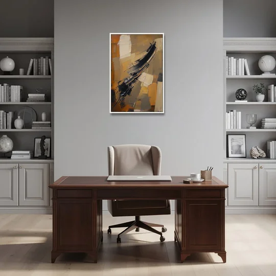 Textured Black Knife Sweep Over Ochre - White Framed Canvas Wall Art - Office - 24x36