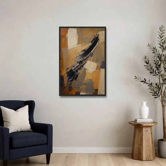 Textured Black Knife Sweep Over Ochre - Black Framed Canvas Wall Art - Sofa - 24x36