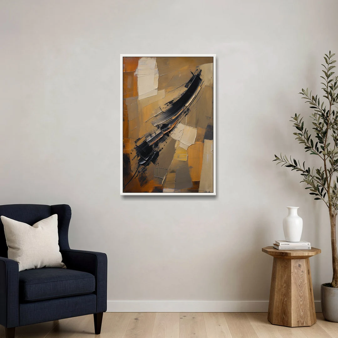 Textured Black Knife Sweep Over Ochre - White Framed Canvas Wall Art - Sofa - 24x36