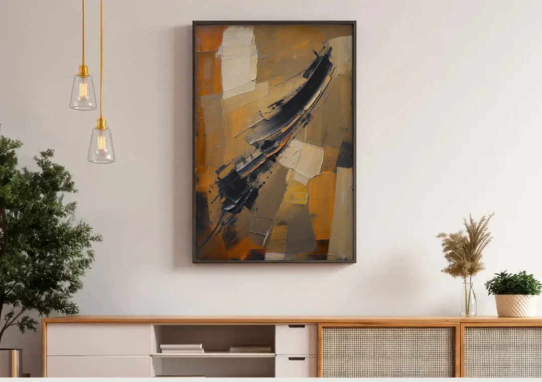 Textured Black Knife Sweep Over Ochre canvas wall art above a wooden sideboard under pendant lights