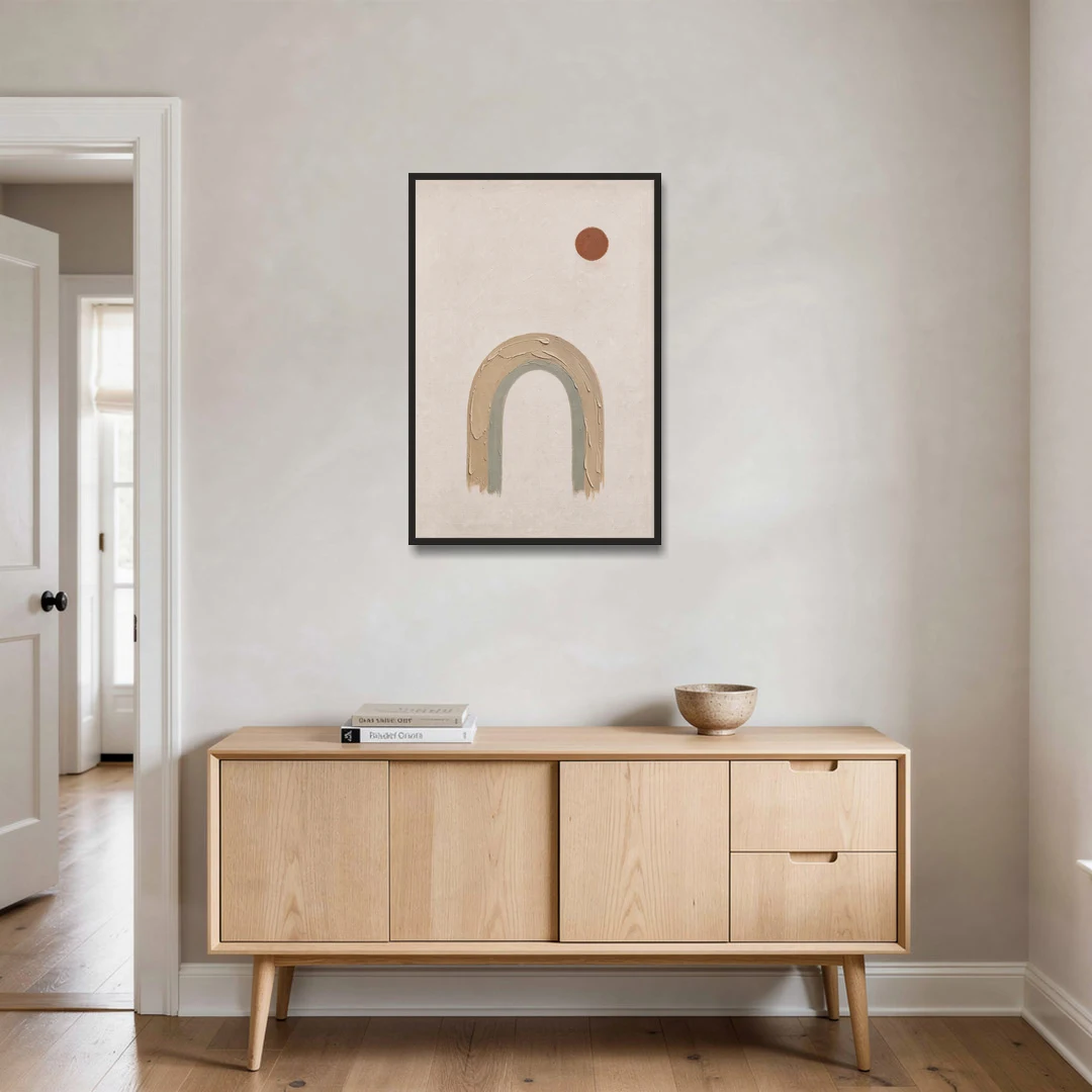 Textured Boho Wall Art with Arch and Rust Sun - Black Framed Canvas Wall Art - Coffee Table - 24x36