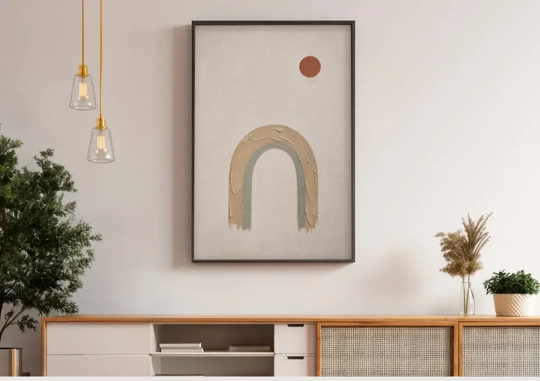 Textured Boho Wall Art with Arch and Rust Sun canvas wall art above a wooden sideboard under pendant lights