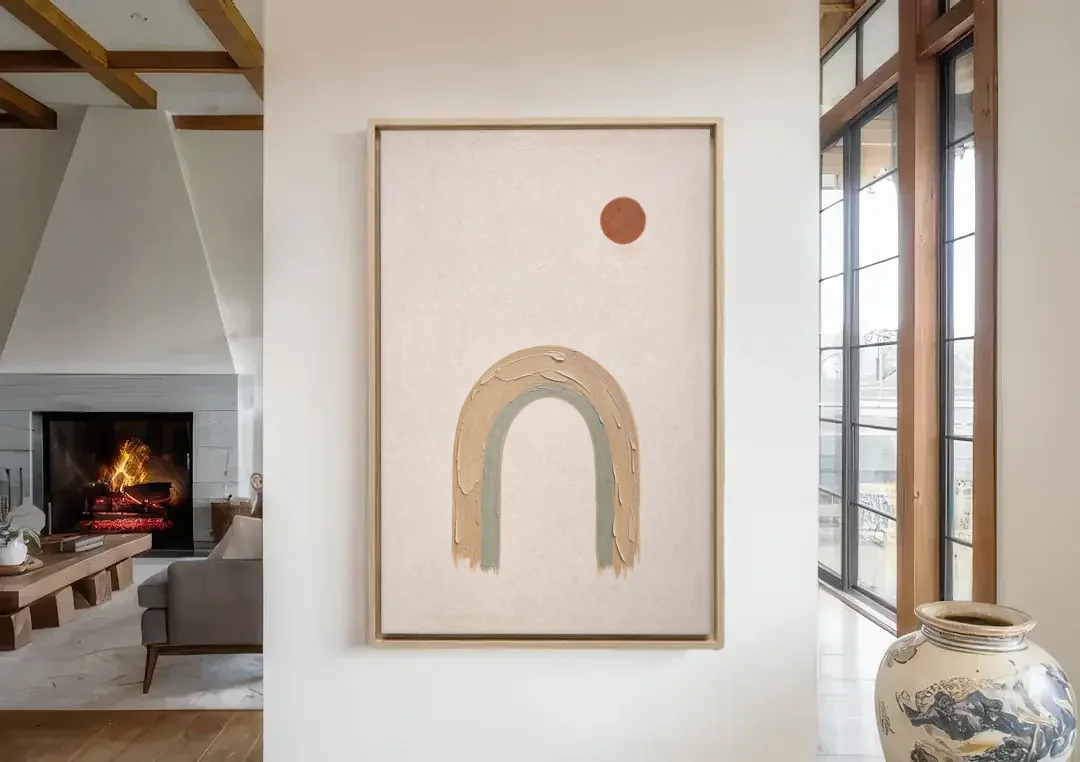 Textured Boho Wall Art with Arch and Rust Sun canvas wall art in a living room with a fireplace