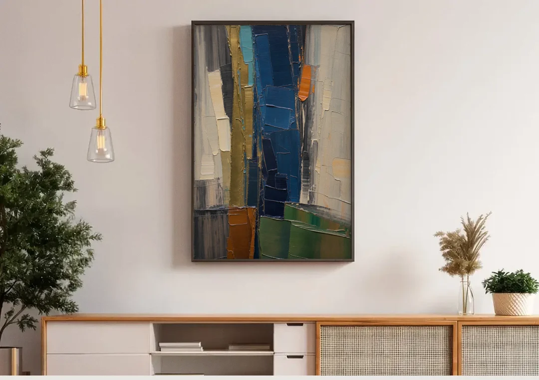 Textured Canvas Painting of Navy and Brass canvas wall art above a wooden sideboard under pendant lights