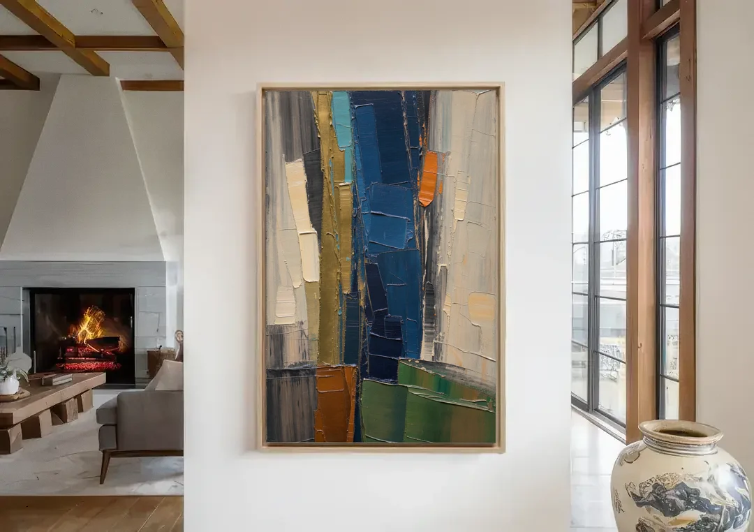 Textured Canvas Painting of Navy and Brass canvas wall art in a living room with a fireplace