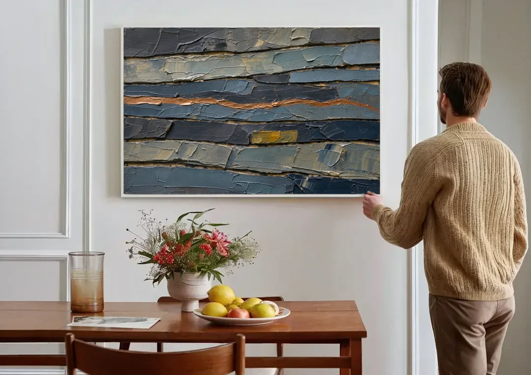 Textured Copper Seam in Basalt canvas wall art above a dining table