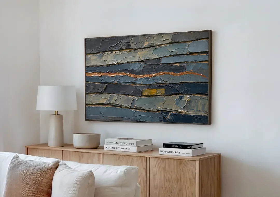 Textured Copper Seam in Basalt canvas wall art above a wooden sideboard next to a sofa