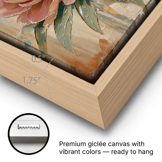 Textured Floral Painting of Three Blush Peonies - Oak Framed Canvas Wall Art - Gallery Wrap Corner