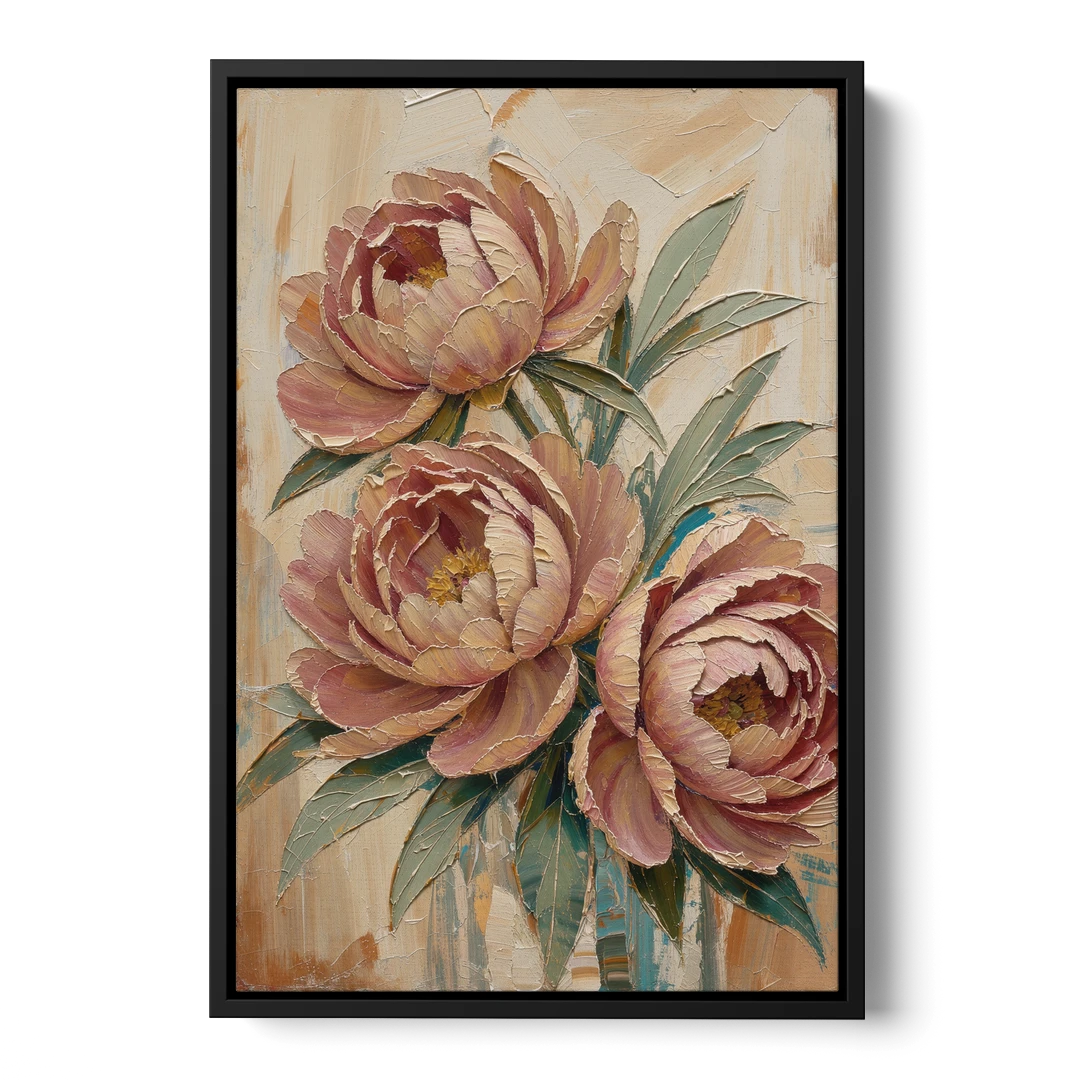 Textured Floral Painting of Three Blush Peonies - Black Framed Canvas Wall Art - Front