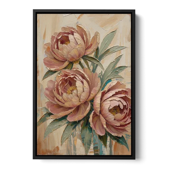 Textured Floral Painting of Three Blush Peonies - Black Framed Canvas Wall Art - Front