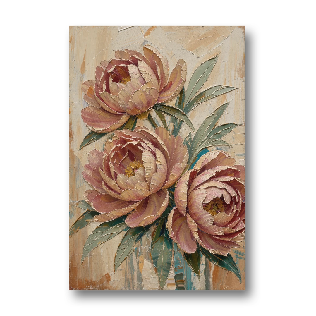 Textured Floral Painting of Three Blush Peonies - Canvas Wall Art - Front
