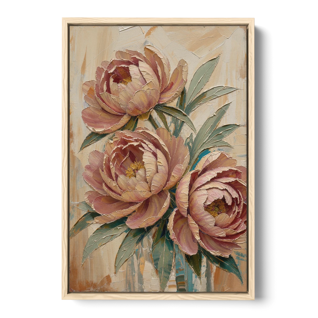 Textured Floral Painting of Three Blush Peonies - Oak Framed Canvas Wall Art - Front