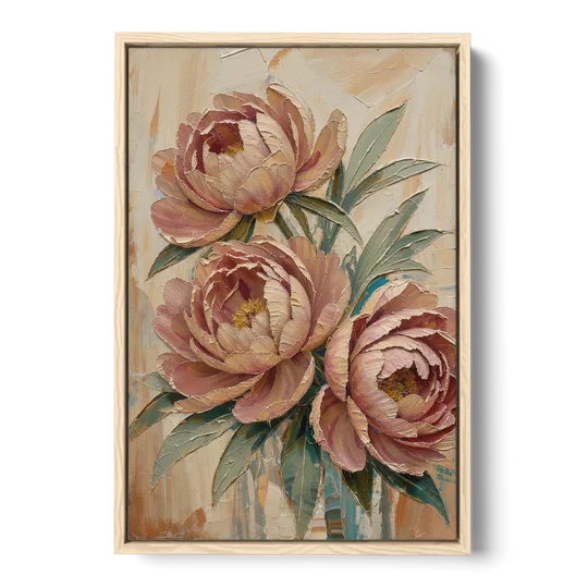 Textured Floral Painting of Three Blush Peonies - Oak Framed Canvas Wall Art - Front