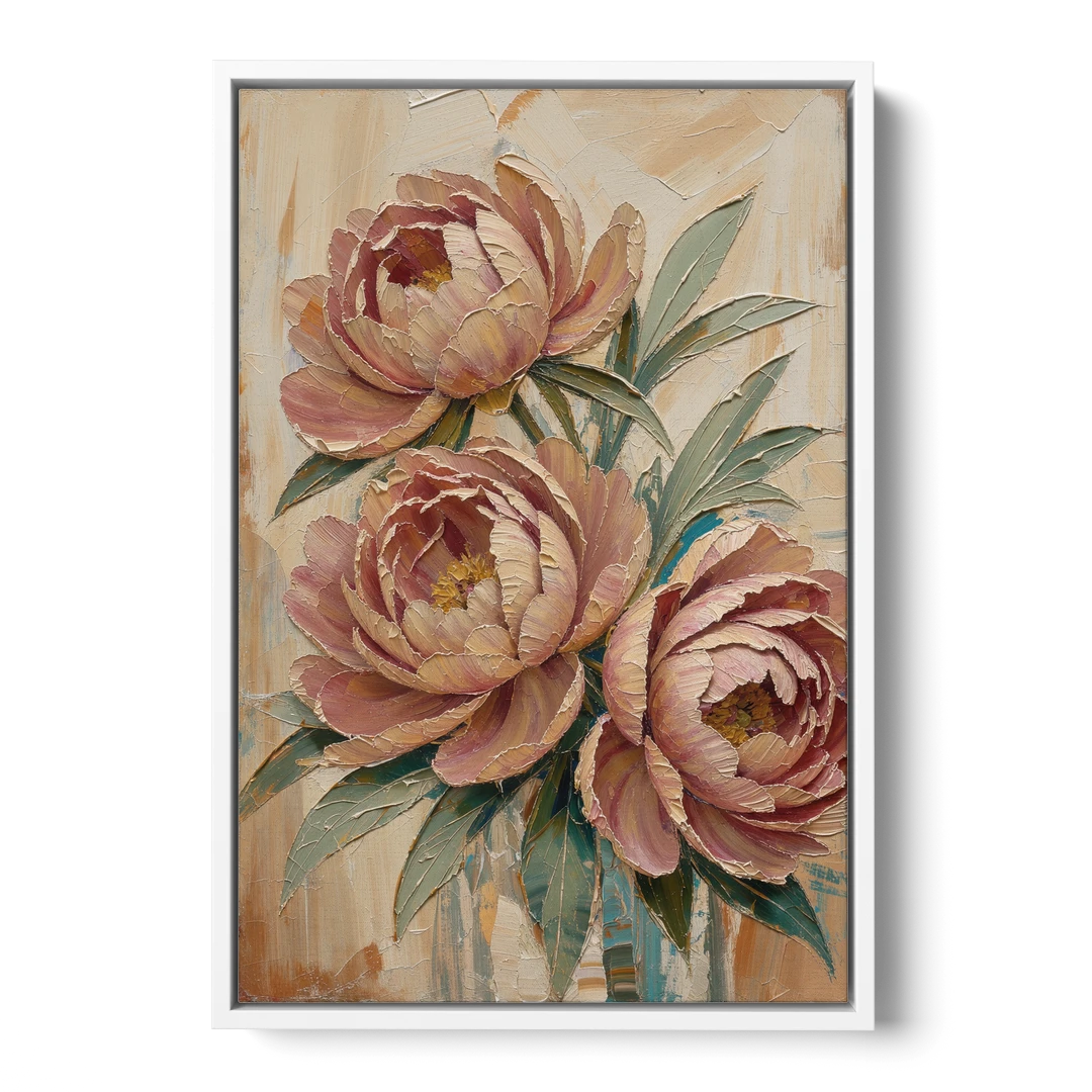 Textured Floral Painting of Three Blush Peonies - White Framed Canvas Wall Art - Front