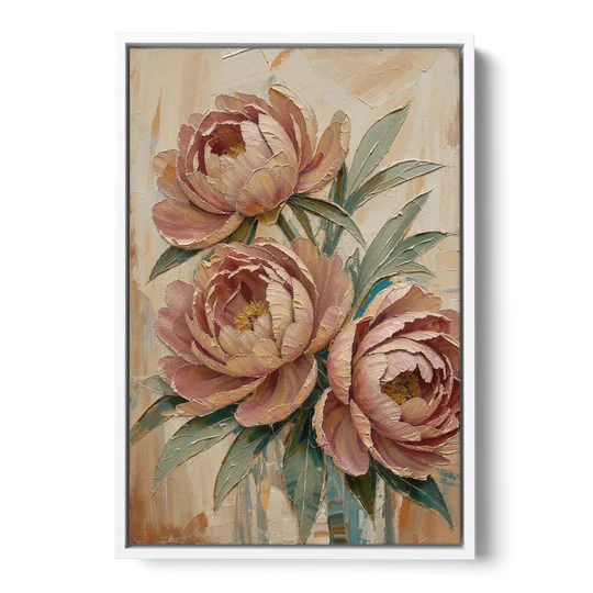 Textured Floral Painting of Three Blush Peonies - White Framed Canvas Wall Art - Front