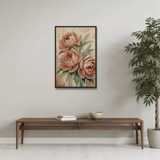 Textured Floral Painting of Three Blush Peonies - Black Framed Canvas Wall Art - Coffee Table - 24x36