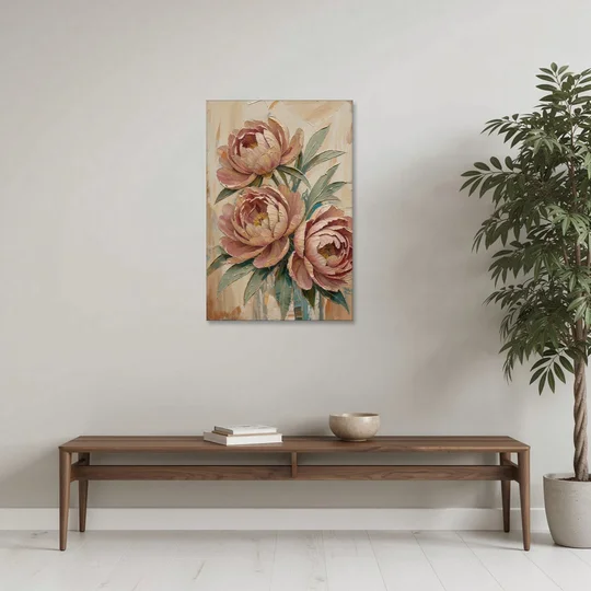Textured Floral Painting of Three Blush Peonies - Canvas Wall Art - Coffee Table - 24x36