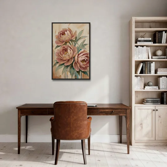 Textured Floral Painting of Three Blush Peonies - Black Framed Canvas Wall Art - Office - 24x36