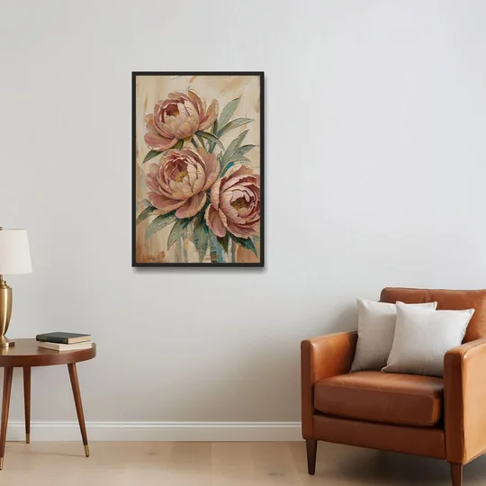 Textured Floral Painting of Three Blush Peonies - Black Framed Canvas Wall Art - Sofa - 24x36