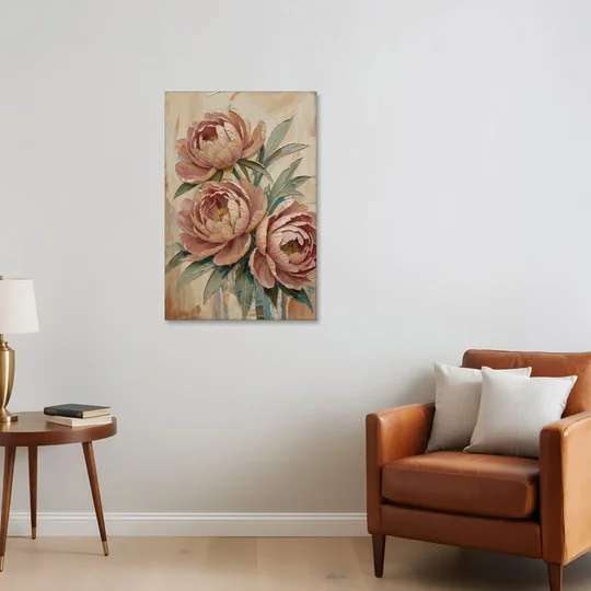 Textured Floral Painting of Three Blush Peonies - Canvas Wall Art - Sofa - 24x36