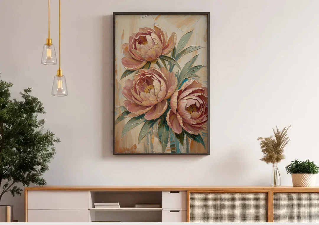 Textured Floral Painting of Three Blush Peonies canvas wall art above a wooden sideboard under pendant lights
