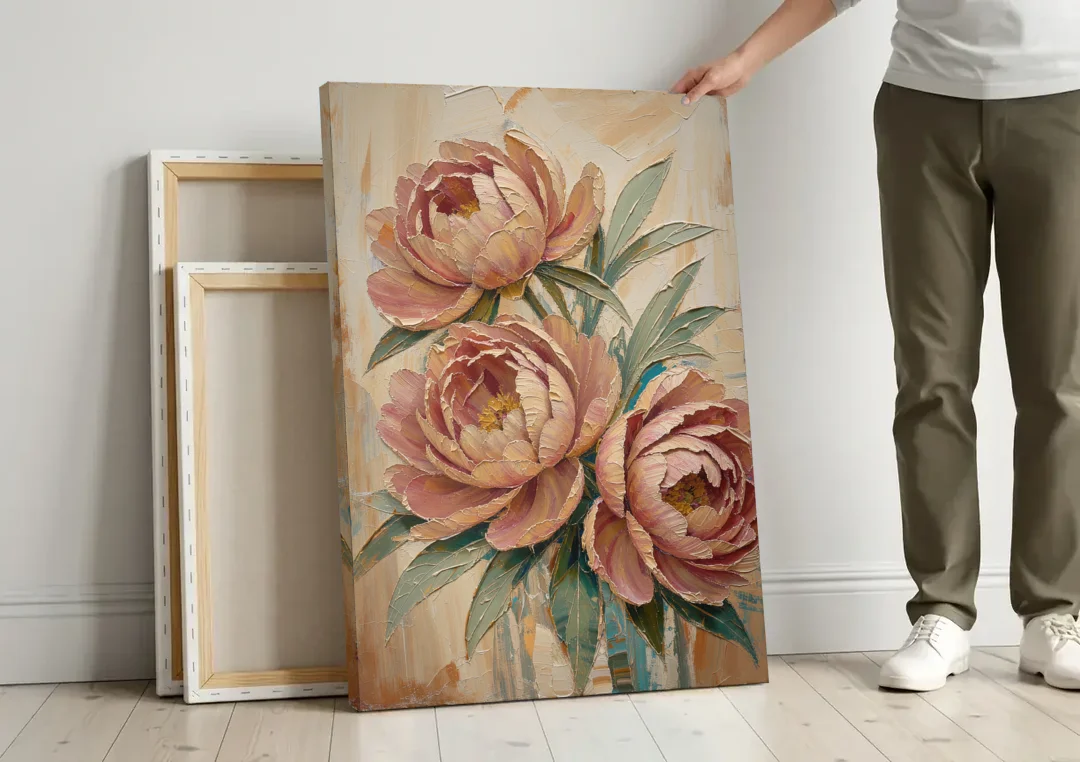 Textured Floral Painting of Three Blush Peonies canvas wall art leaning against a wall next to blank canvases