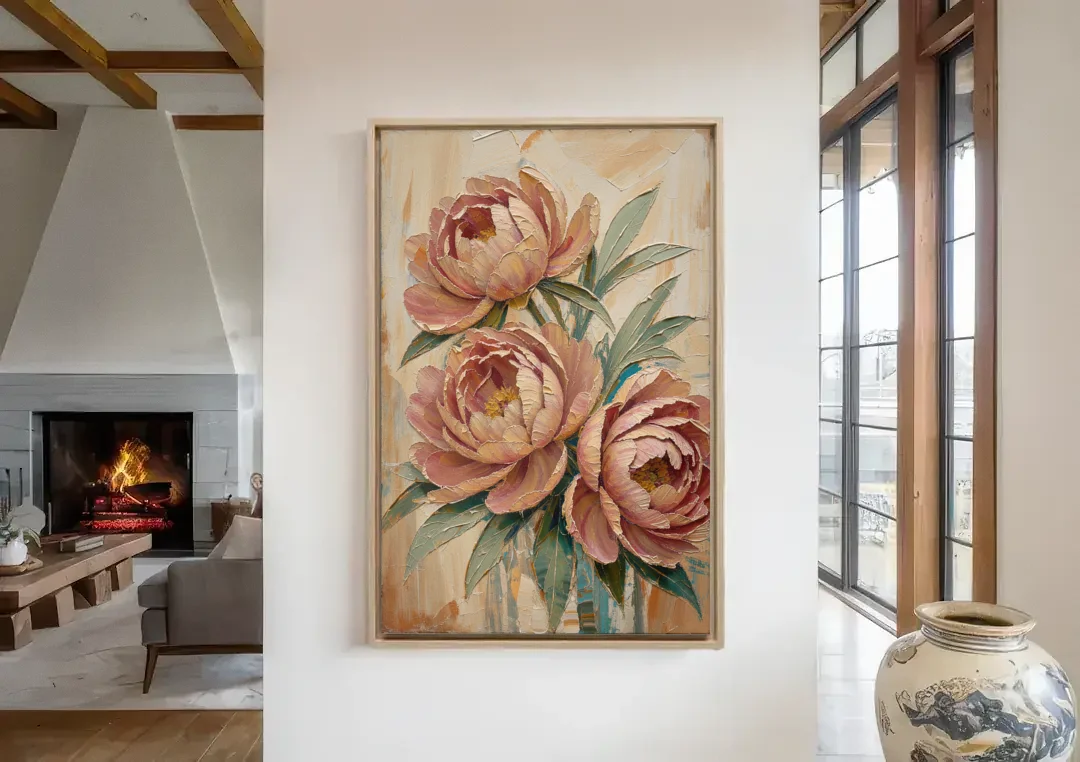 Textured Floral Painting of Three Blush Peonies canvas wall art in a living room with a fireplace