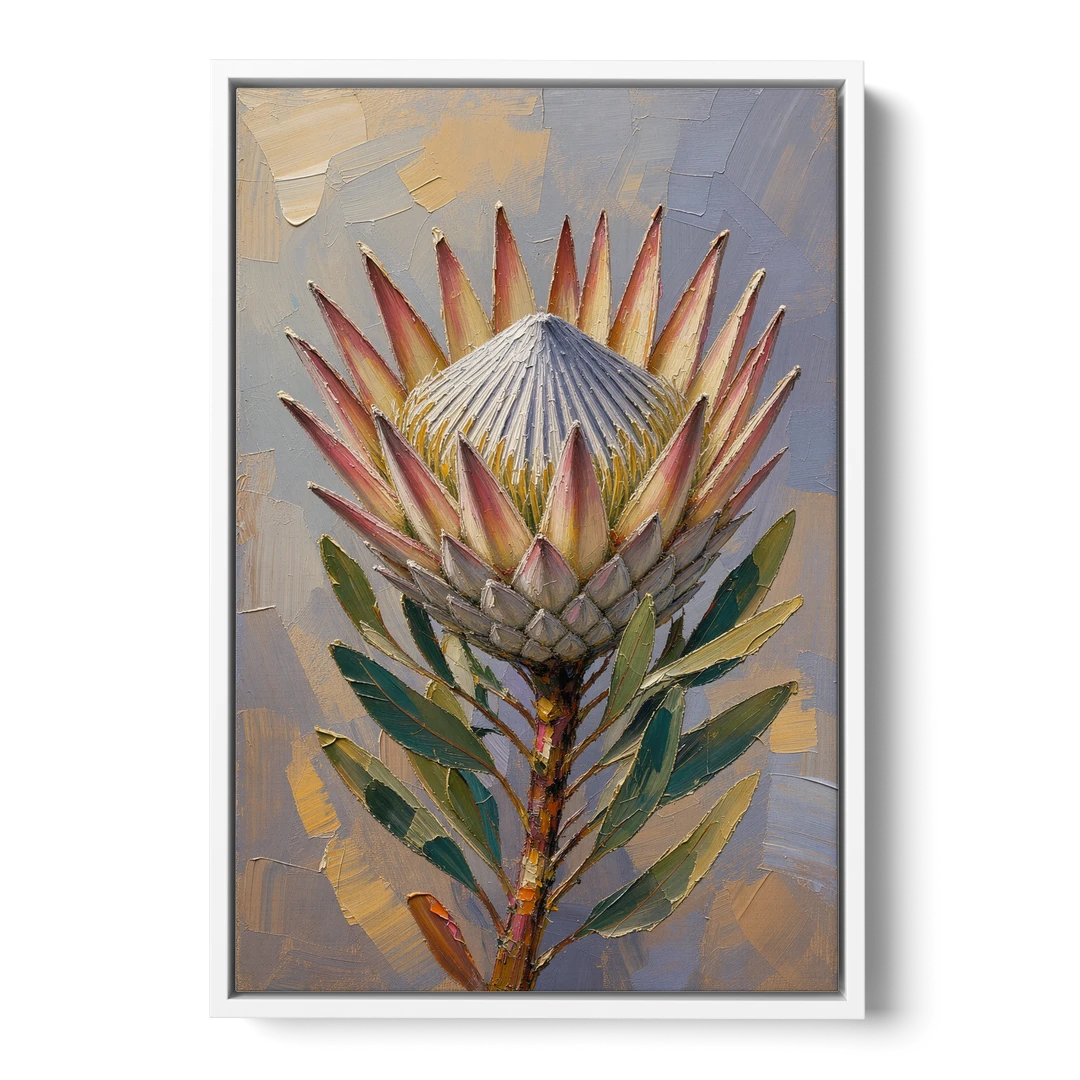 Textured Floral Wall Art of a King Protea - White Framed Canvas Wall Art - Front