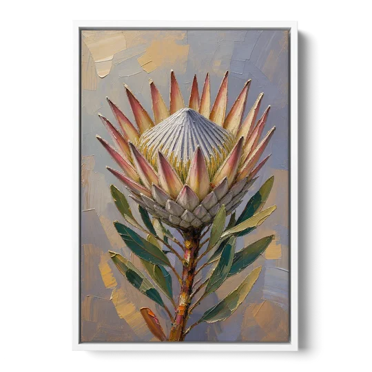Textured Floral Wall Art of a King Protea - White Framed Canvas Wall Art - Front