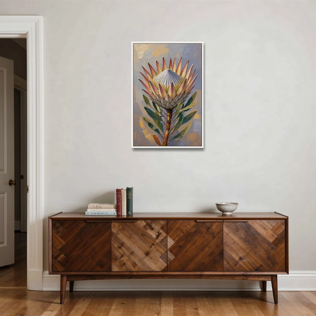 Textured Floral Wall Art of a King Protea - White Framed Canvas Wall Art - Coffee Table - 24x36