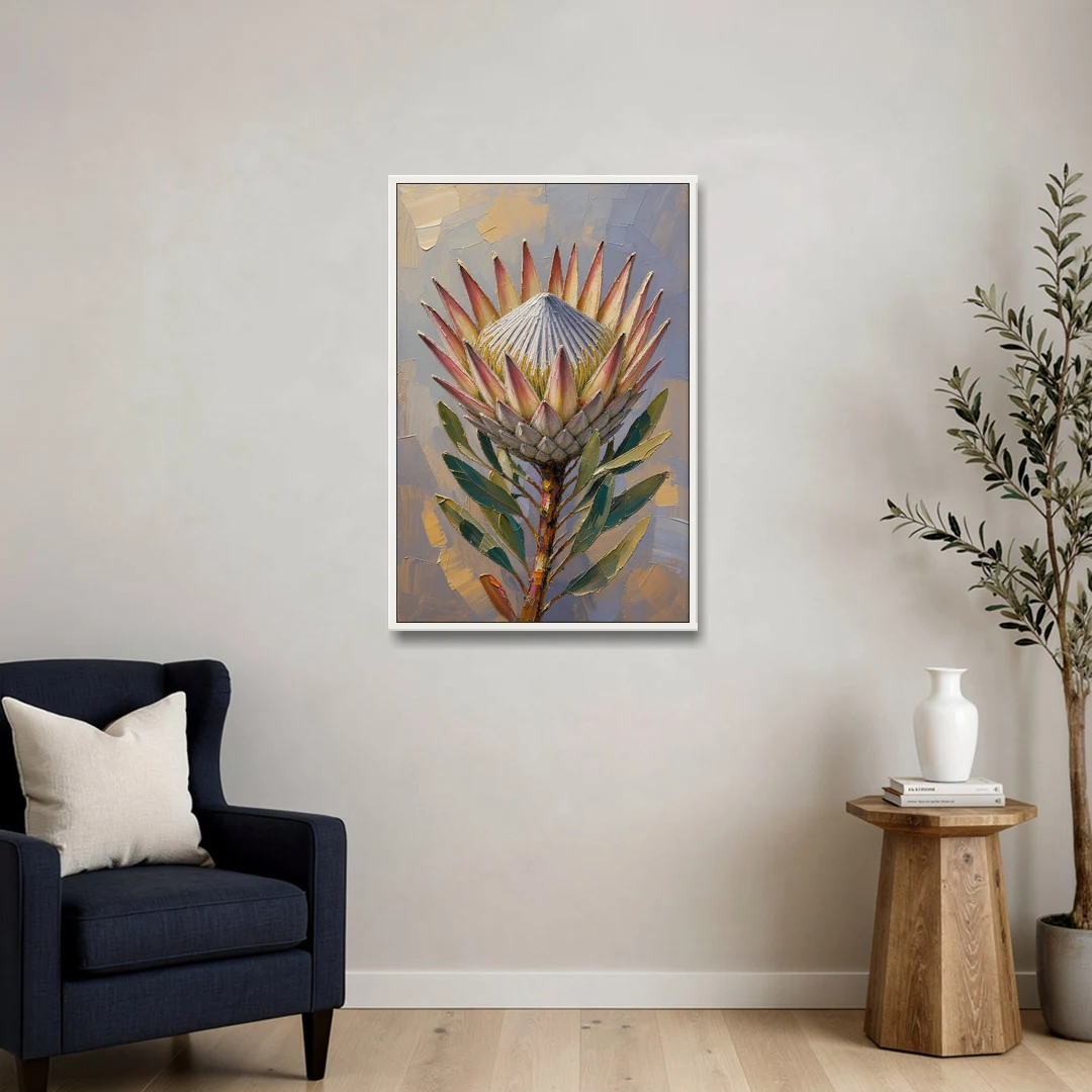Textured Floral Wall Art of a King Protea - White Framed Canvas Wall Art - Sofa - 24x36