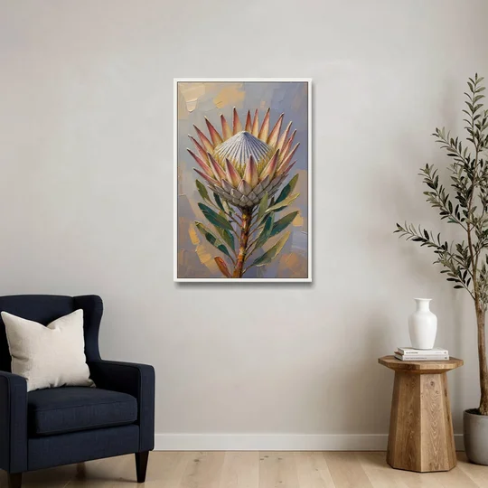 Textured Floral Wall Art of a King Protea - White Framed Canvas Wall Art - Sofa - 24x36