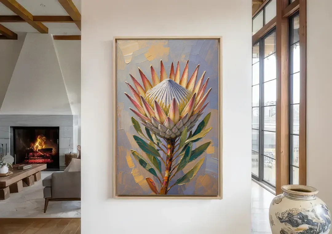 Textured Floral Wall Art of a King Protea canvas wall art in a living room with a fireplace