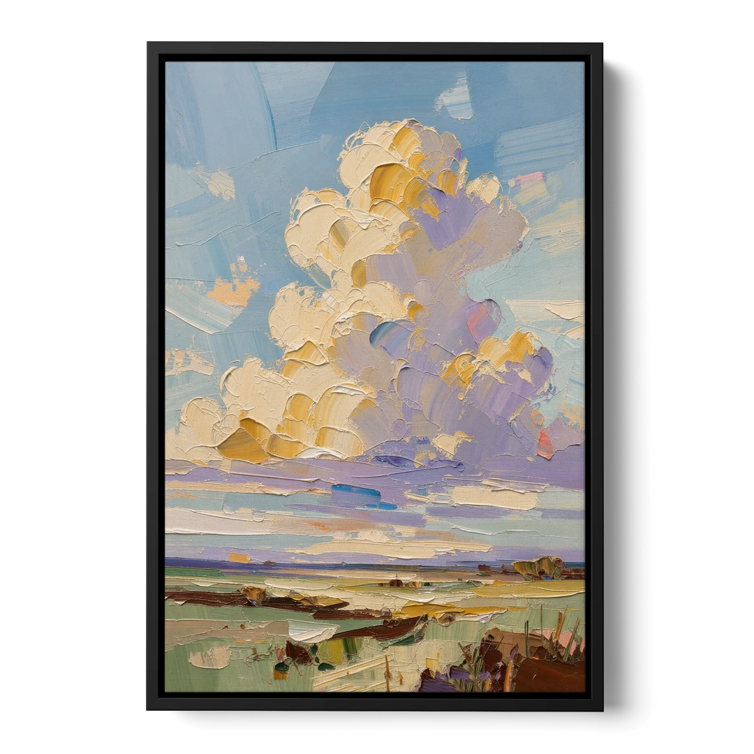 Textured Golden Cumulus Over Sage Field for the Living Room - Black Framed Canvas Wall Art - Front