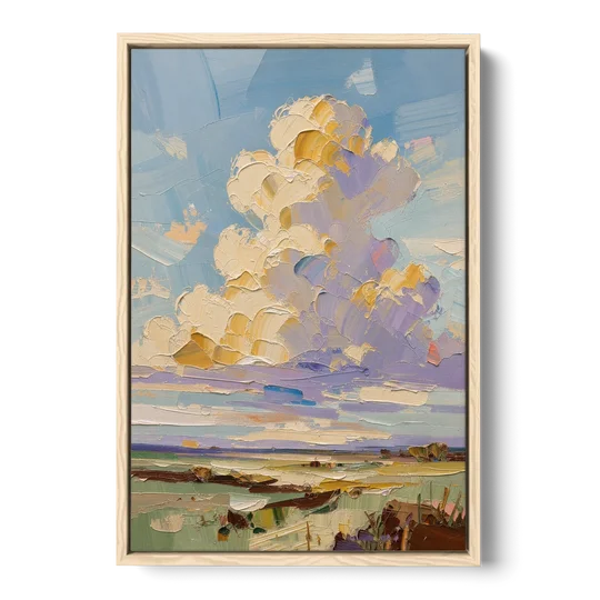 Textured Golden Cumulus Over Sage Field for the Living Room - Oak Framed Canvas Wall Art - Front