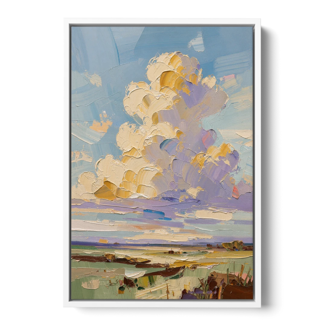 Textured Golden Cumulus Over Sage Field for the Living Room - White Framed Canvas Wall Art - Front