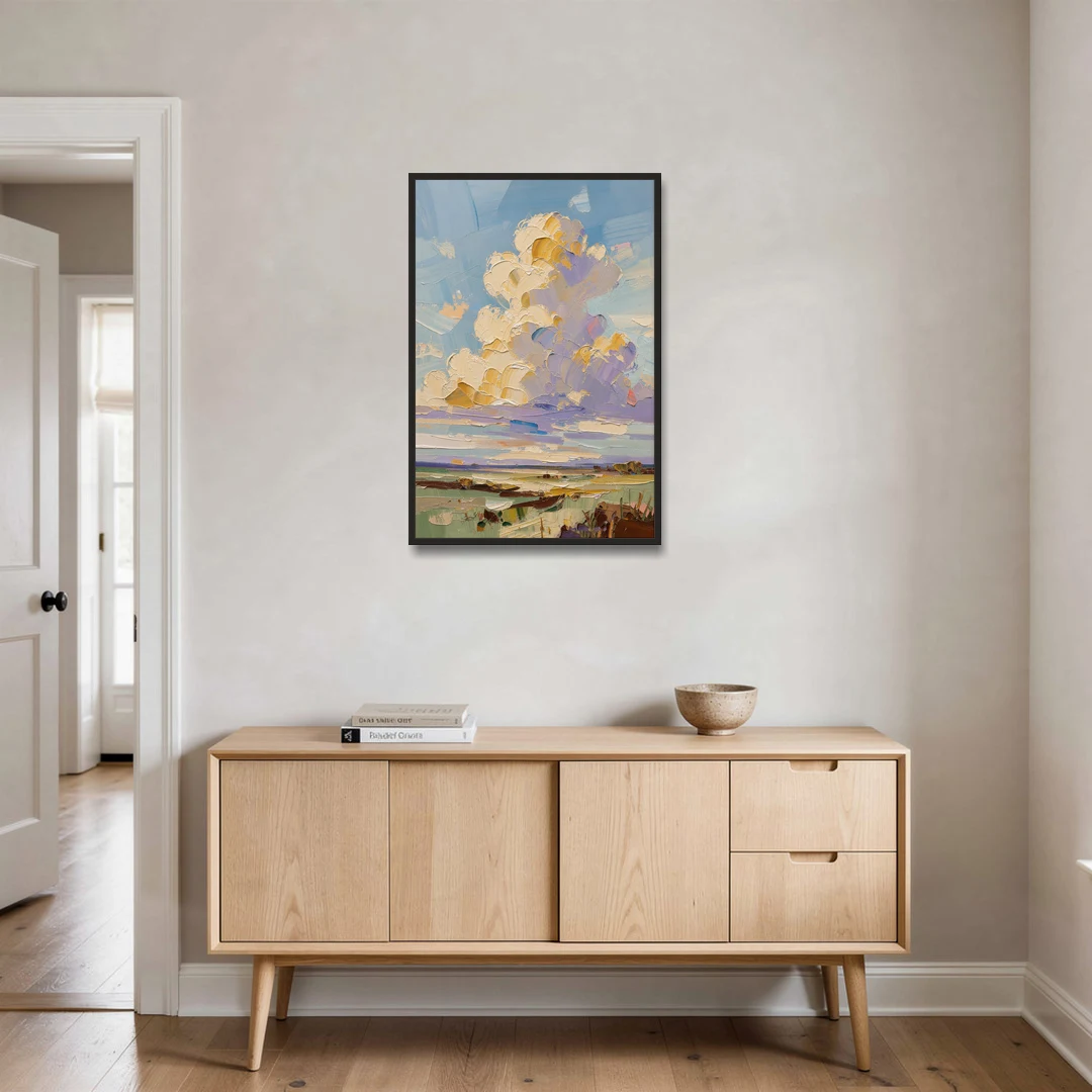 Textured Golden Cumulus Over Sage Field for the Living Room - Black Framed Canvas Wall Art - Coffee Table - 24x36
