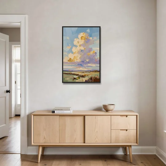 Textured Golden Cumulus Over Sage Field for the Living Room - Black Framed Canvas Wall Art - Coffee Table - 24x36