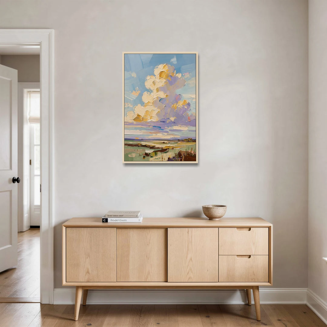 Textured Golden Cumulus Over Sage Field for the Living Room - Oak Framed Canvas Wall Art - Coffee Table - 24x36